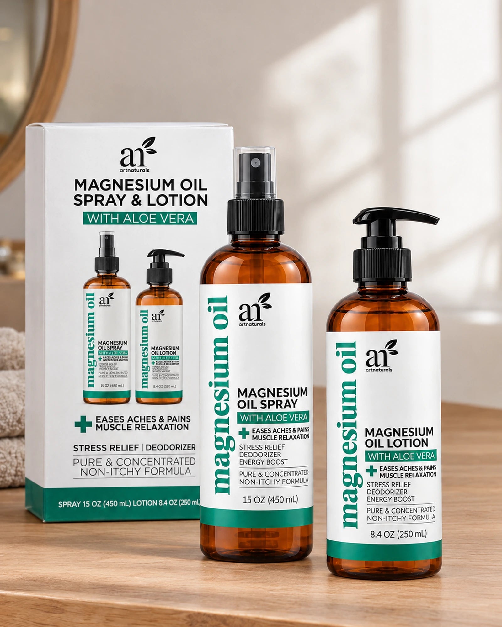 Caja del dúo corporal junto al frasco spray de 450 ml y la loción de 250 ml
