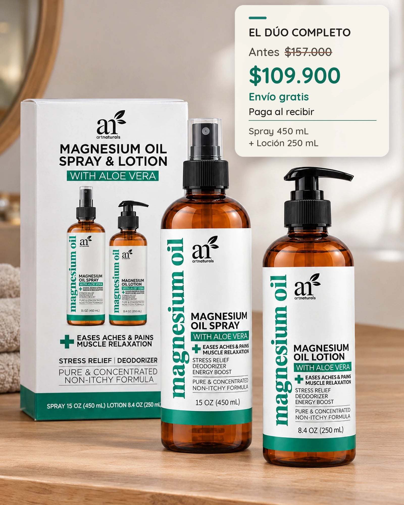 Dúo corporal completo con caja y el detalle de precio de oferta
