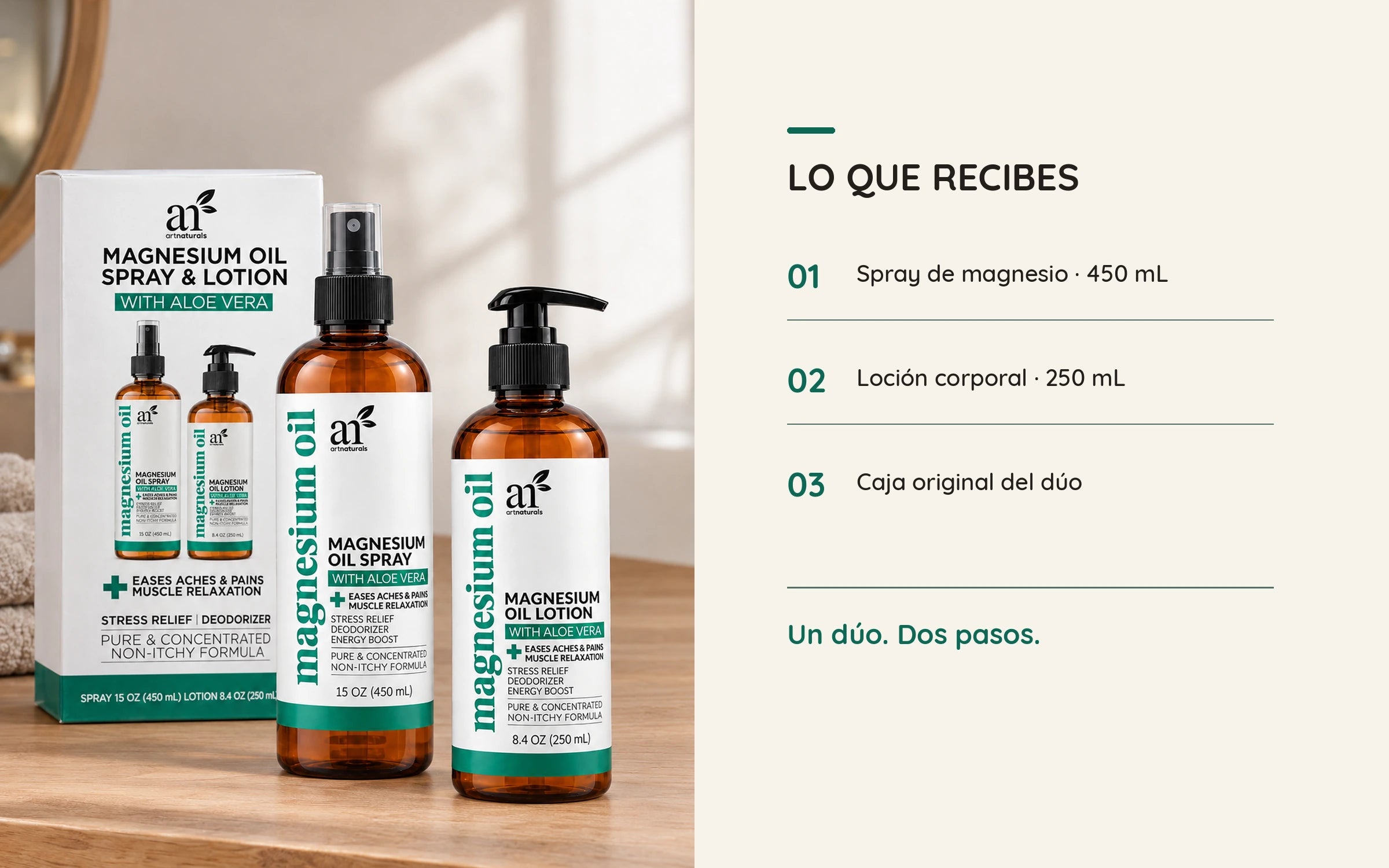 Contenido del pedido: spray de 450 ml, loción de 250 ml y caja del dúo